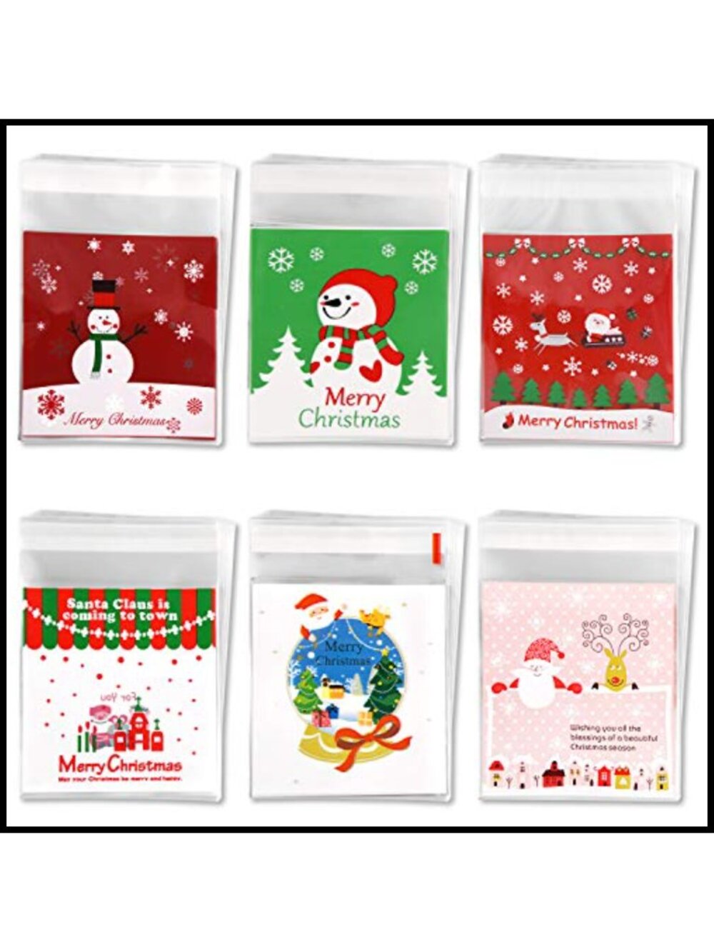 200 Pcs Self Adhesive OPP Plastic Christmas Treat Bags 6 Styles Party Gift